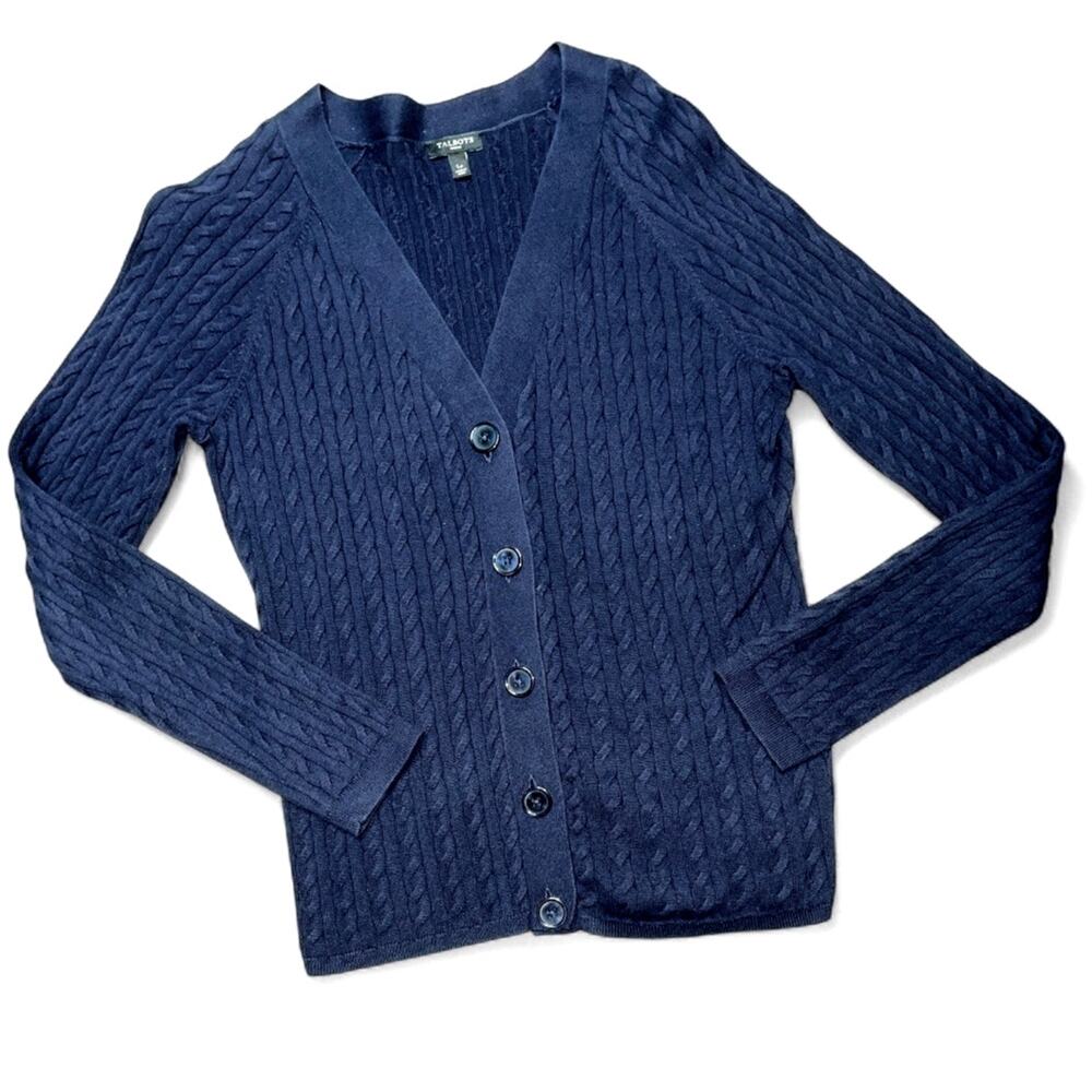 Talbots Navy V-neck Cable Knit Petite Cardigan Sweater LP